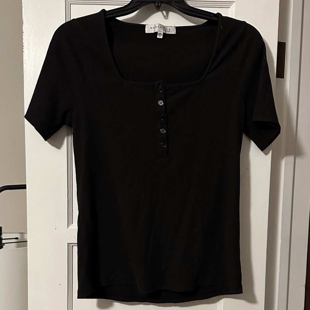 Black Square Neck Ribbed Top